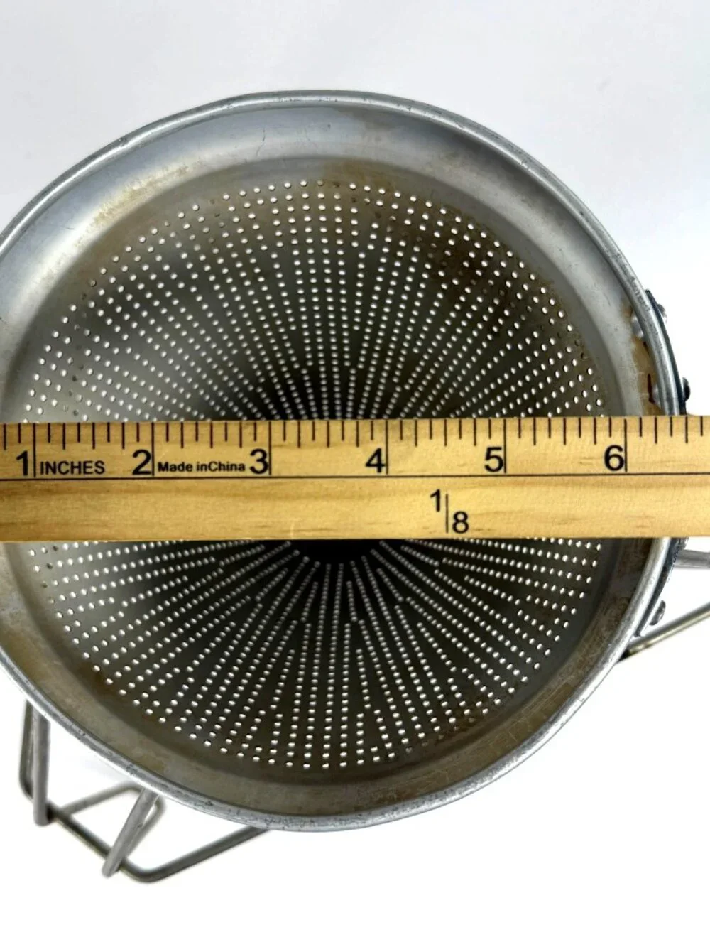 Vintage Cone Fruit Vegetable Strainer Colander Wood pestle Food Sieve Aluminum